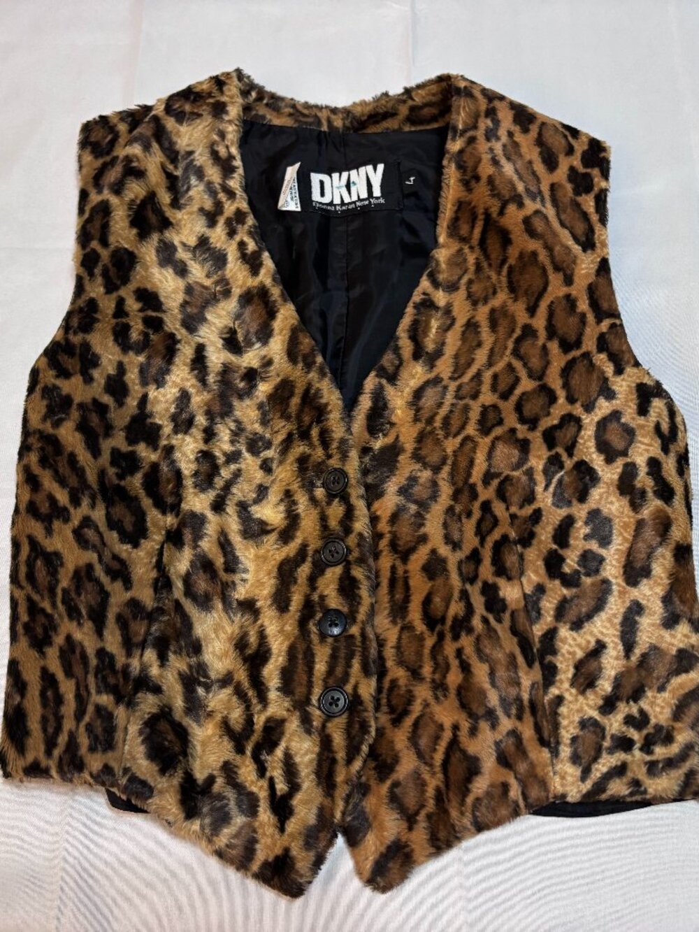 Vintage 90s DKNY Leopard Faux Fur Vest Size 4 Rachel Green Friends Iconic Y2K